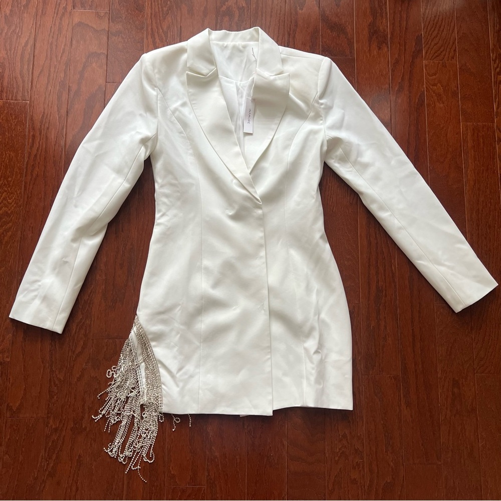 Inamore White Women's Blazer with Fringe Detail